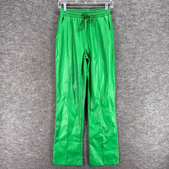 PRETTYLITTLETHING Pants Women 6 Green High Rise Drawstring Leather Flat Front - Picture 1 of 8